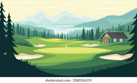 Home House Building in Golf Sport Field Nature Landscape with Mountains View in the Morning