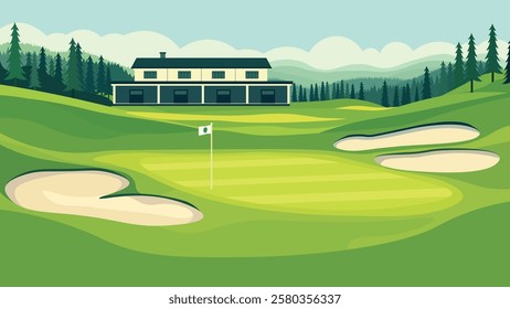 Home House Building in Golf Sport Field Nature Landscape with Mountains View in the Morning