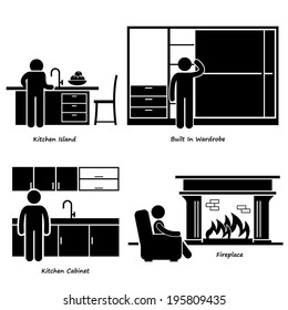 Home House Built-in Furniture Stick Figure Pictogram Icon Cliparts