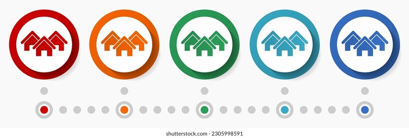 Home, house concept vector icon set, infographic template, flat design circle colorful web buttons in 5 color options