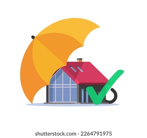 Home house coverage via umbrella as safety insurance protection vector icon 3d illustration graphic, real estate property safe place shield defense concept, building security guarantee image clipart