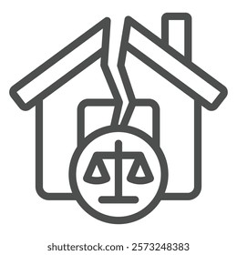 Home house crack and scale line icon, family lawyer concept. Vector graphics. Cottage building with weight scale libra sign on white background, outline style icon for mobile or web design