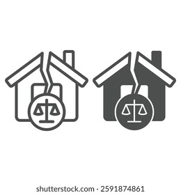 Home house crack and scale line and solid icon, family lawyer concept. Vector graphics. Cottage building with weight scale libra sign on white background, outline style icon for mobile or web design