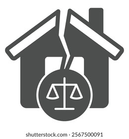 Home house crack and scale solid icon, family lawyer concept. Vector graphics. Cottage building with weight scale libra sign on white background, glyph style icon for mobile or web design