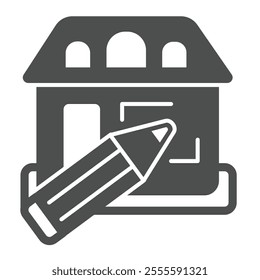 Home house design and pencil solid icon, architect studio concept. Vector graphics. Cottage building project drawing sign on white background, glyph style icon for mobile or web design