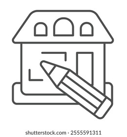 Home house design and pencil thin line icon, architect studio concept. Vector graphics. Cottage building project drawing sign on white background, outline style icon for mobile or web design