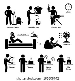 Home House Electronic Appliances Tools and Equipments Stick Figure Pictogram Icon Cliparts