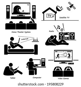 Home House Entertainment Electronic Appliances Stick Figure Pictogram Icon Cliparts