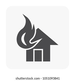 Home or house fire vector icon. May called disaster, accident or emergency. To burn, destruction,  building by flame. Concept for insurance, firefighter, fire alarm system, escape and evacuation.
