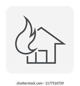 Home or house fire vector icon. May called disaster, accident or emergency. To burn, destruction,  building by flame. Concept of insurance, firefighter, fire alarm system, escape, evacuation. 64x64 px