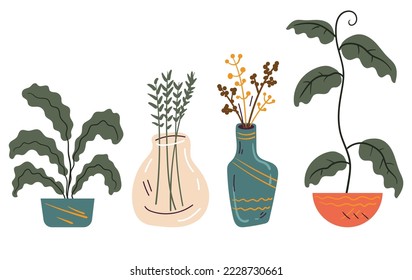 Home house flower plant pot flowerpot leaf design element concept set illustration