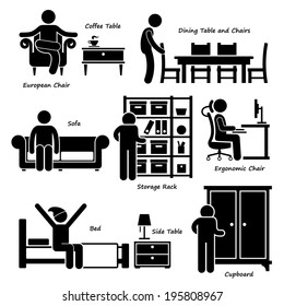 Home House Furniture Stick Figure Pictogram Icon Cliparts