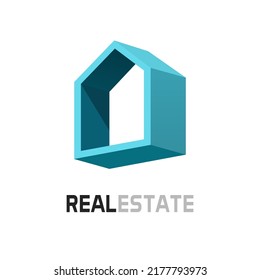 Home house icon 3d logo for real estate office or modern building construction and development company geometric shape graphic illustration logotype design isolated on white