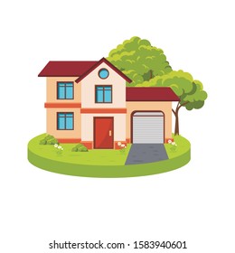 Home - house illustration flat vector design. with gardens, grass and trees in the yard