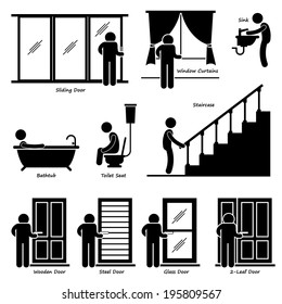 Home House Indoor Fixtures Stick Figure Pictogram Icon Cliparts