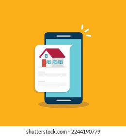 Home house info notification on mobile phone. Digital app on smartphone device, rent or sell application or smart house notice.