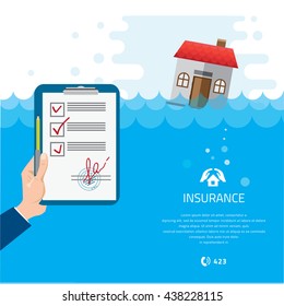 Home And House Insurance. Building Soaking Under Flood Disaster Vector Illustration.