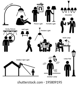 Home House Lighting Lamp Designs Stick Figure Pictogram Icon Cliparts