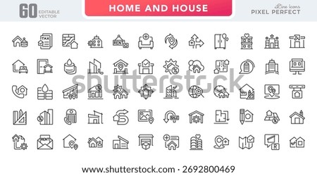 Home and House line icon set. Hotel, hospital, apartment, city, town house, mall, real estate, construction, home repair, renovation vector outline icons. Pixel-perfect editable stroke