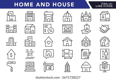 Casa y casa lineal conjunto de iconos. Residencial, bienes raíces, propiedad, arquitectura, edificio, refugio, vida, vecindario, interior, exterior, conjunto de iconos de Vector. Paquete de iconos de línea delgada de interfaz de usuario
