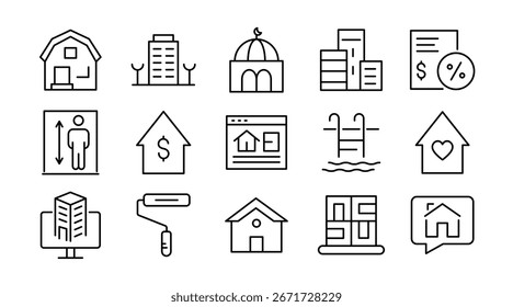 Conjunto de ícones lineares para casa e casa. Residencial, imobiliário, propriedade, arquitetura, edifício, abrigo, moradia, bairro, interior, exterior, conjunto de ícones vetoriais. Pacote de ícones de linha fina da interface do usuário
