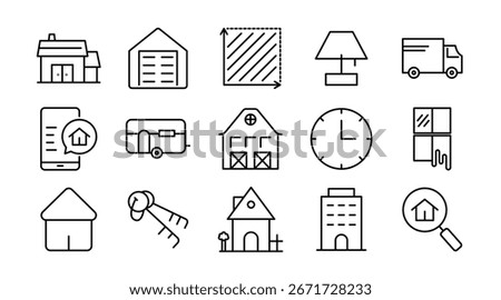 Home and house linear icon set. Residential, real estate, property, architecture, building, shelter, living, neighborhood, interior, exterior, vector icon set. UI thin line icon pack