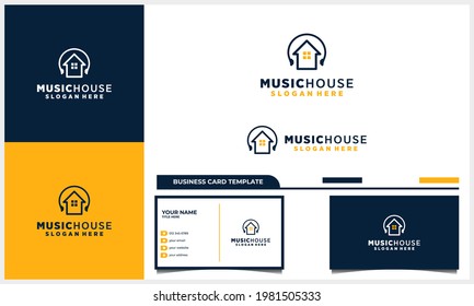 home or house logo design with earphone music logo design with business card template