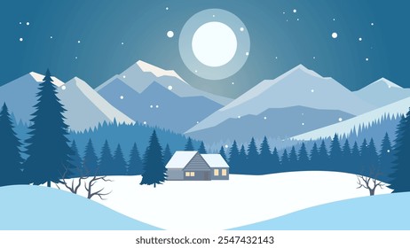 Home House in the Middle of Forest with Winter Snow Mountain and Full Moon in Night Sky