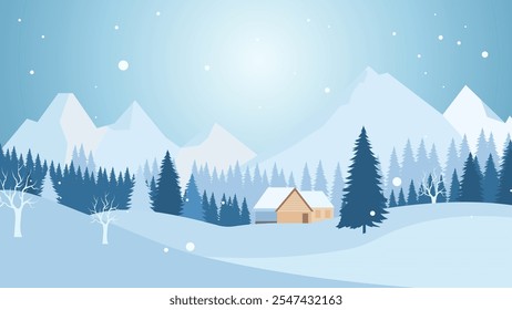 Home House in the Middle of Forest with Winter Snow Mountain in Bright Sky