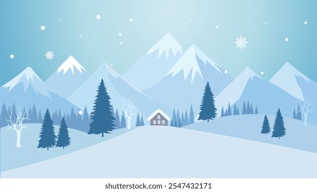 Home House in the Middle of Forest with Winter Snow Mountain in Bright Sky