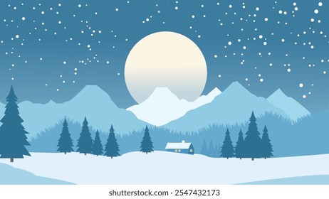 Home House in the Middle of Forest with Winter Snow Mountain and Full Moon in Night Sky