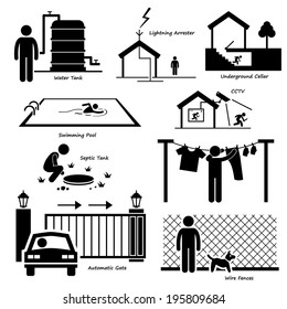 Home House Outdoor Structure Infrastructure and Fixtures Stick Figure Pictogram Icon Cliparts