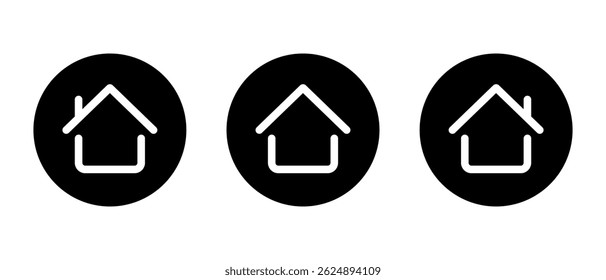 Home, house outline icon on black circle. Address, homepage sign symbol