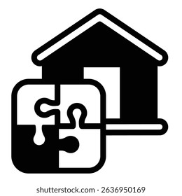 Home house and puzzle solid icon, remote work concept. Vector graphics. Cottage building with puzzle piece, logic game sign on white background, style mobile or design