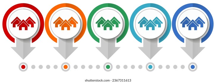 Home, house, real estate vector icon set, flat design infographic template, set pointer concept icons in 5 color options for webdesign and mobile applications