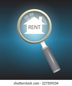 Home or house rent vector concept. Consist of magnifier, home icon and background. Home used as residence for family and invest. Also concept for agent, sell, loan, shelter, real estate and property.