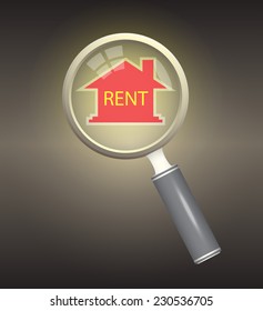 Home or house rent vector concept. Consist of magnifier, home icon and background. Home used as residence for family and invest. Also concept for agent, sell, loan, shelter, real estate and property.