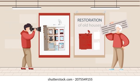 Home house repair renovation service. Before and after creative concept, restoration of old building. Contractor standing in front of home before and after overhaul. Reconstruction of cottage facade