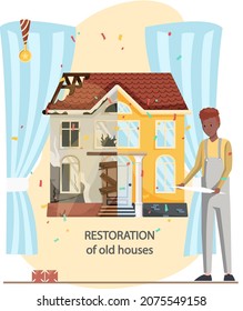 Home house repair renovation service. Before and after creative concept, restoration of old building. Contractor standing in front of home before and after overhaul. Reconstruction of cottage facade