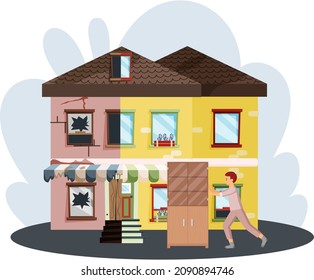 Home house repair renovation service. Before and after creative concept, restoration of old building. Owner standing in front of home before and after overhaul. Reconstruction of destroyed cottage