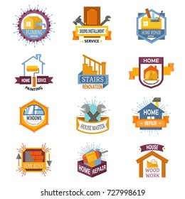 Home and house repair service professional plumber company emblem different tools badge home accessories repairing vector illustration.