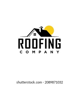 Home House Roof with Sun. Roofing Construction Company logo design