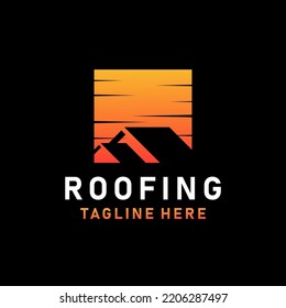 Home House Roof with Sunset. Roofing Construction Company logo design