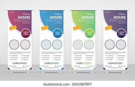 Startseite oder Haus zum Verkauf Roll Up x Banner Standdee Signage Design Vorlage, moderne Corporate Immobilien Agentur Geschäftsanzeigen Banner Vektorgrafik Editable Layout mit Platz für Fotos Paket Set