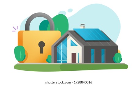 Home and house secure protection insurance concept vector as protected with lock security safety system flat illustration, apartment smart guard or defence padlock modern design