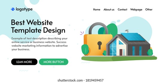 Home and house secure protection insurance concept website template mockup design, internet digital protected with lock security safety system web page banner layout vector flat, smart guard defence