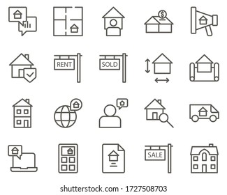 íconos vectoriales de home, house set. Juego de iconos de bienes raíces. Conjunto simple de iconos de línea de vectores relacionados con bienes inmuebles. Contiene íconos como Mapa, Plan, Dormitorios