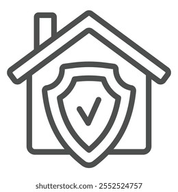 Casa con icono de línea de escudo, concepto de defensa contra virus. Gráficos de Vector. Señal de la casa del emblema de la marca de verificación en el fondo blanco, icono del estilo del contorno para el móvil o el Diseño web