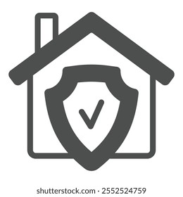 Casa casera con el icono sólido del escudo, concepto de la defensa contra los virus. Gráficos de Vector. Señal de la casa del emblema de la marca de verificación en el fondo blanco, icono del estilo del glifo para el móvil o el Diseño web