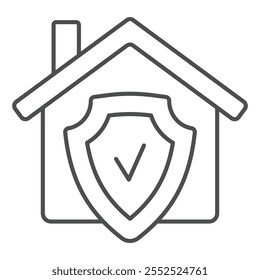 Casa casera con el icono delgado de la línea del escudo, concepto de defensa contra virus. Gráficos de Vector. Señal de la casa del emblema de la marca de verificación en el fondo blanco, icono del estilo del contorno para el móvil o el Diseño web